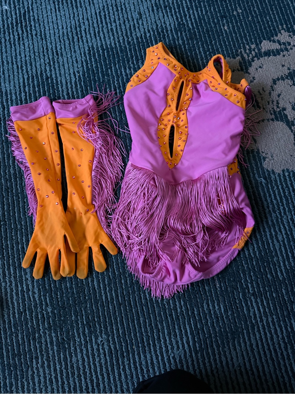 Kids Pink and Orange Fringe Dance Costume with Gloves